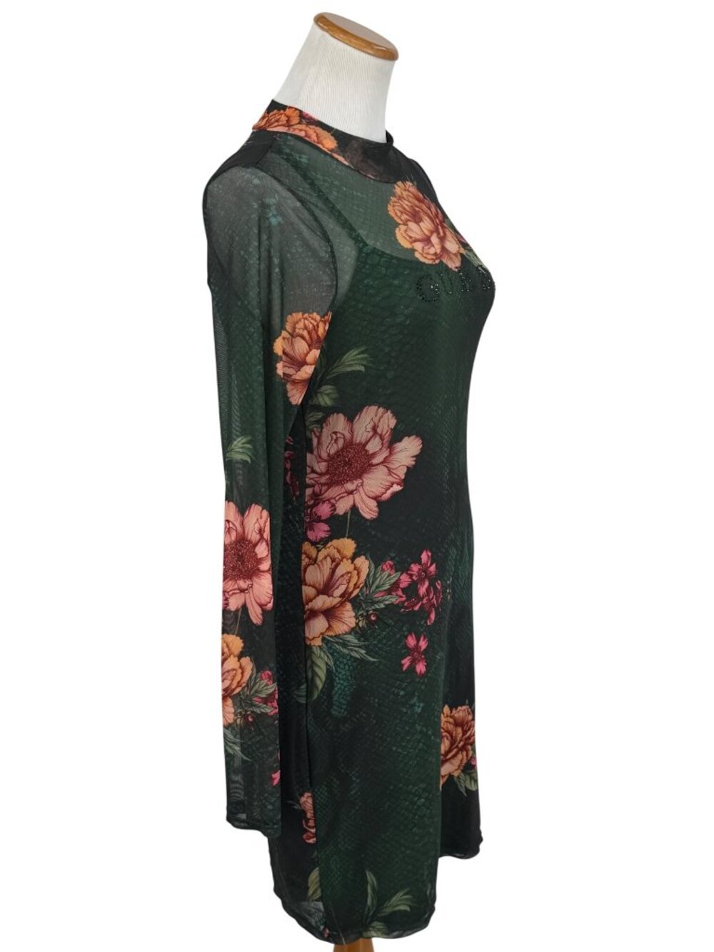 Guess Green Floral Mesh Rhinestone Bodycon Mini Dress | Sirencore Whimsigoth Y2K - Picture 11 of 16